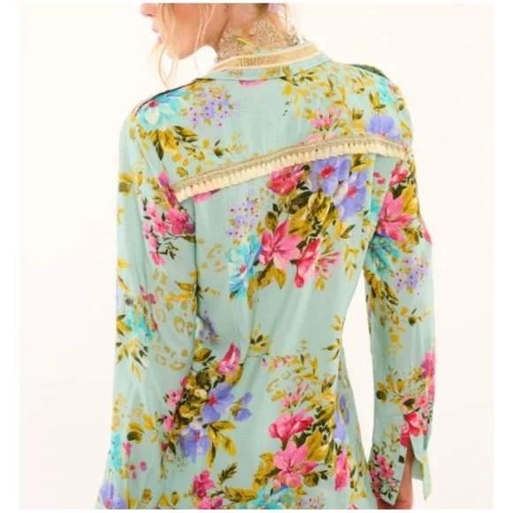 Aratta Silent Journey Floral Button Down Sage Green Tunic Fringe Boho Top Large - Picture 3 of 10
